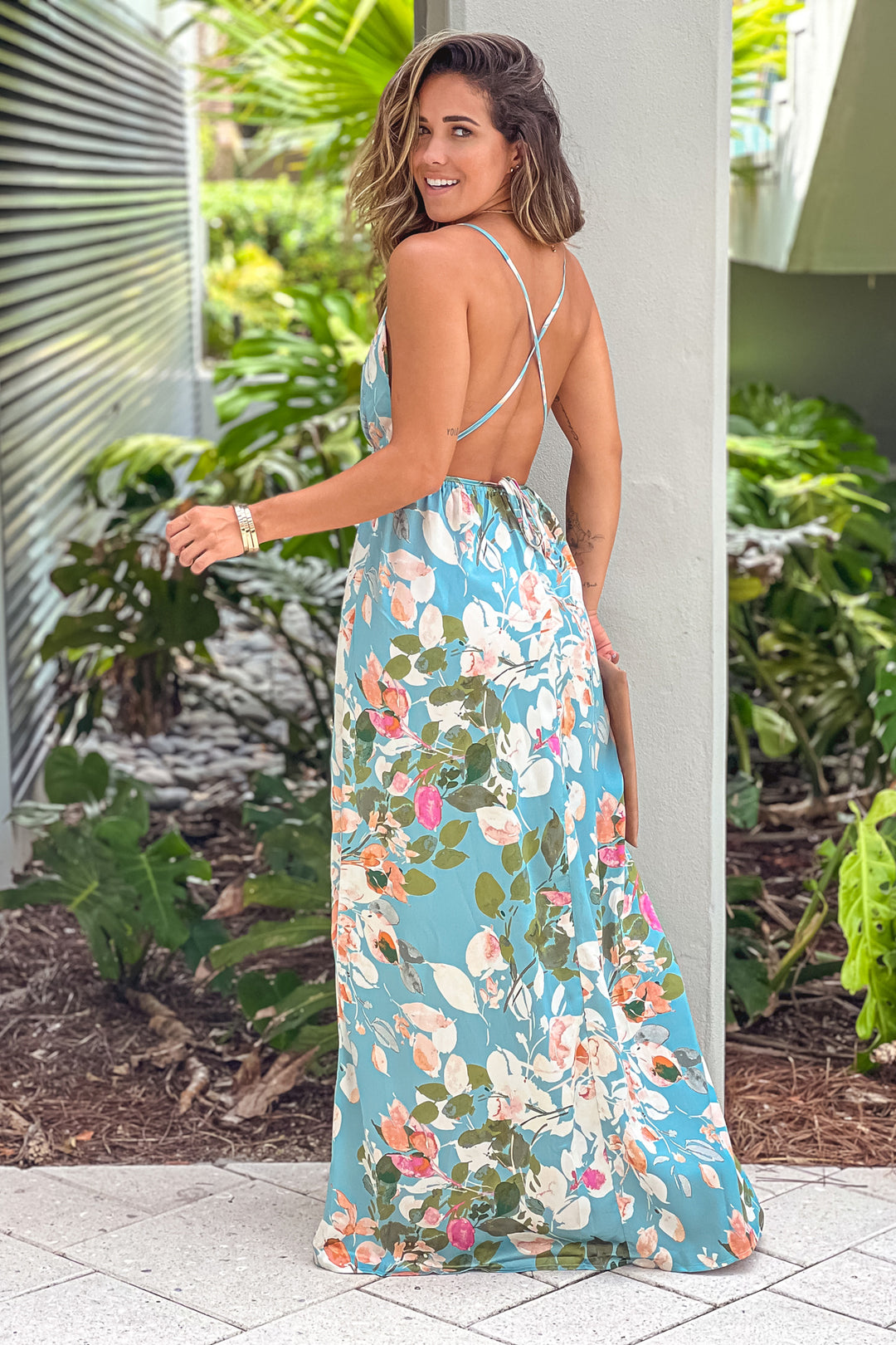 Mint Floral Halter Neck Maxi Dress With Slit