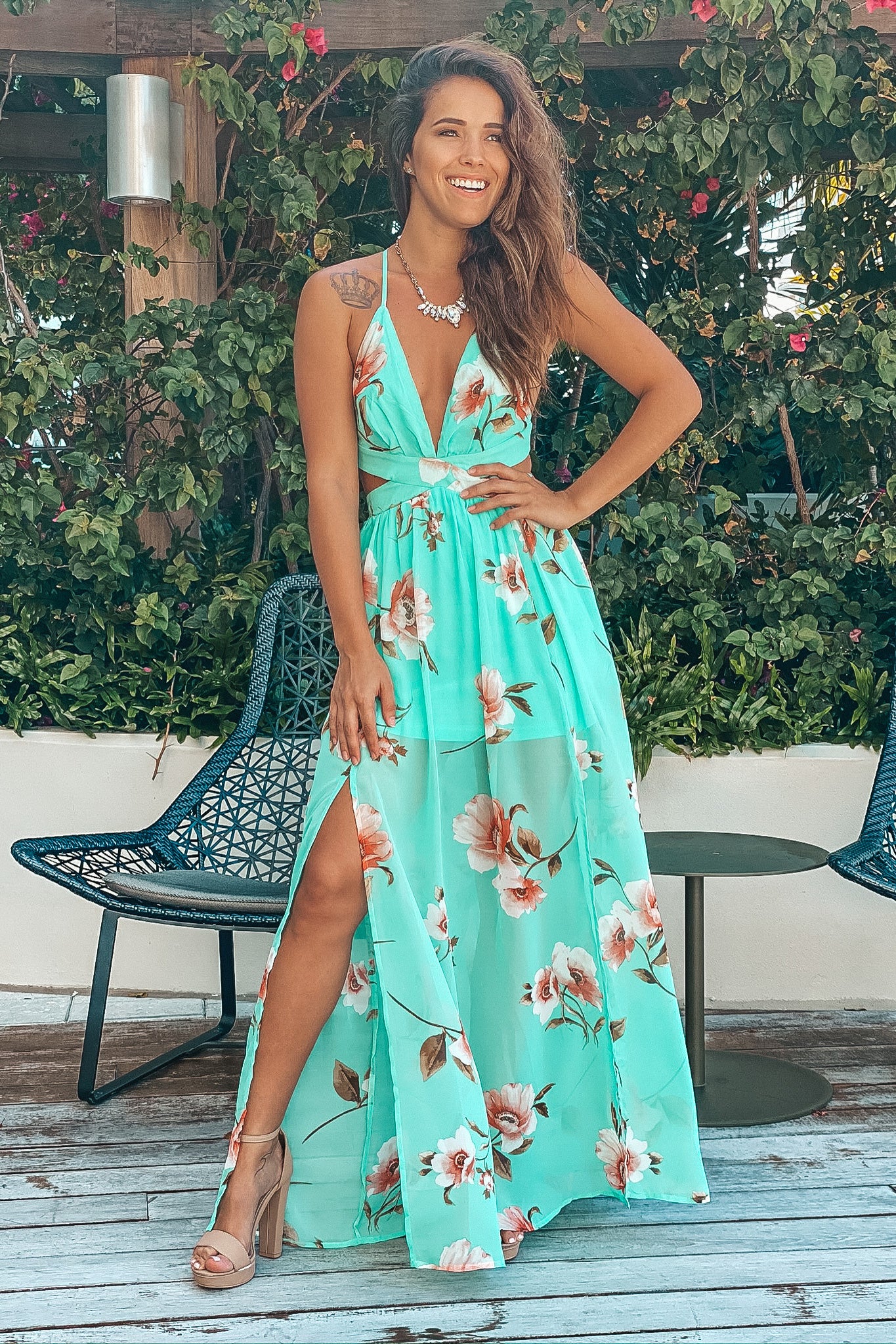 mint floral maxi dress with cut outs