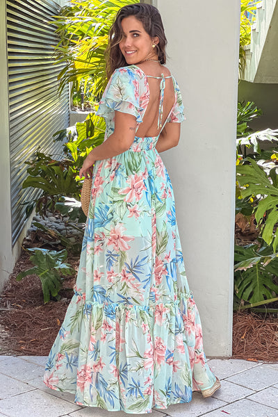 mint floral maxi dress with open back