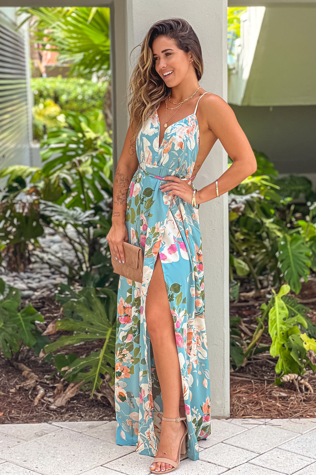 Mint Floral Halter Neck Maxi Dress With Slit | Maxi Dresses Saved by the Dress Mint Floral Halter Neck Maxi Dress With Slit | Maxi Dresses Saved by the Dress