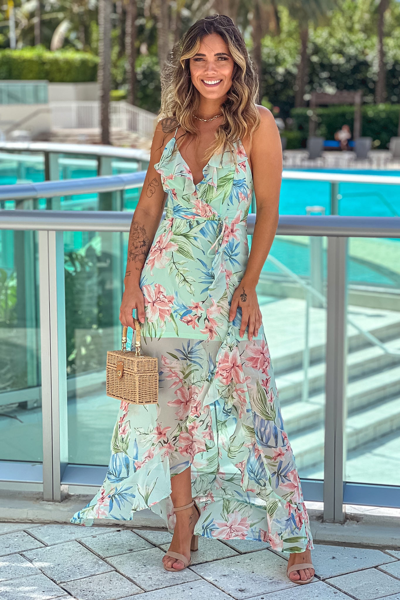 mint floral ruffled maxi dress with slit