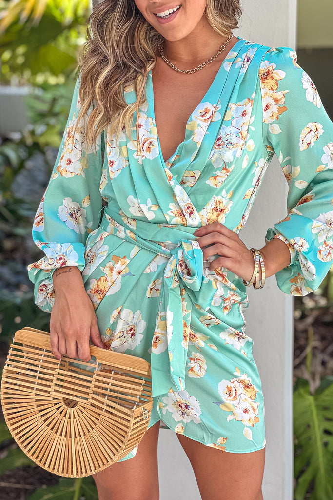mint green floral wrap dress Mint Floral Satin Wrap Detail Short Dress
