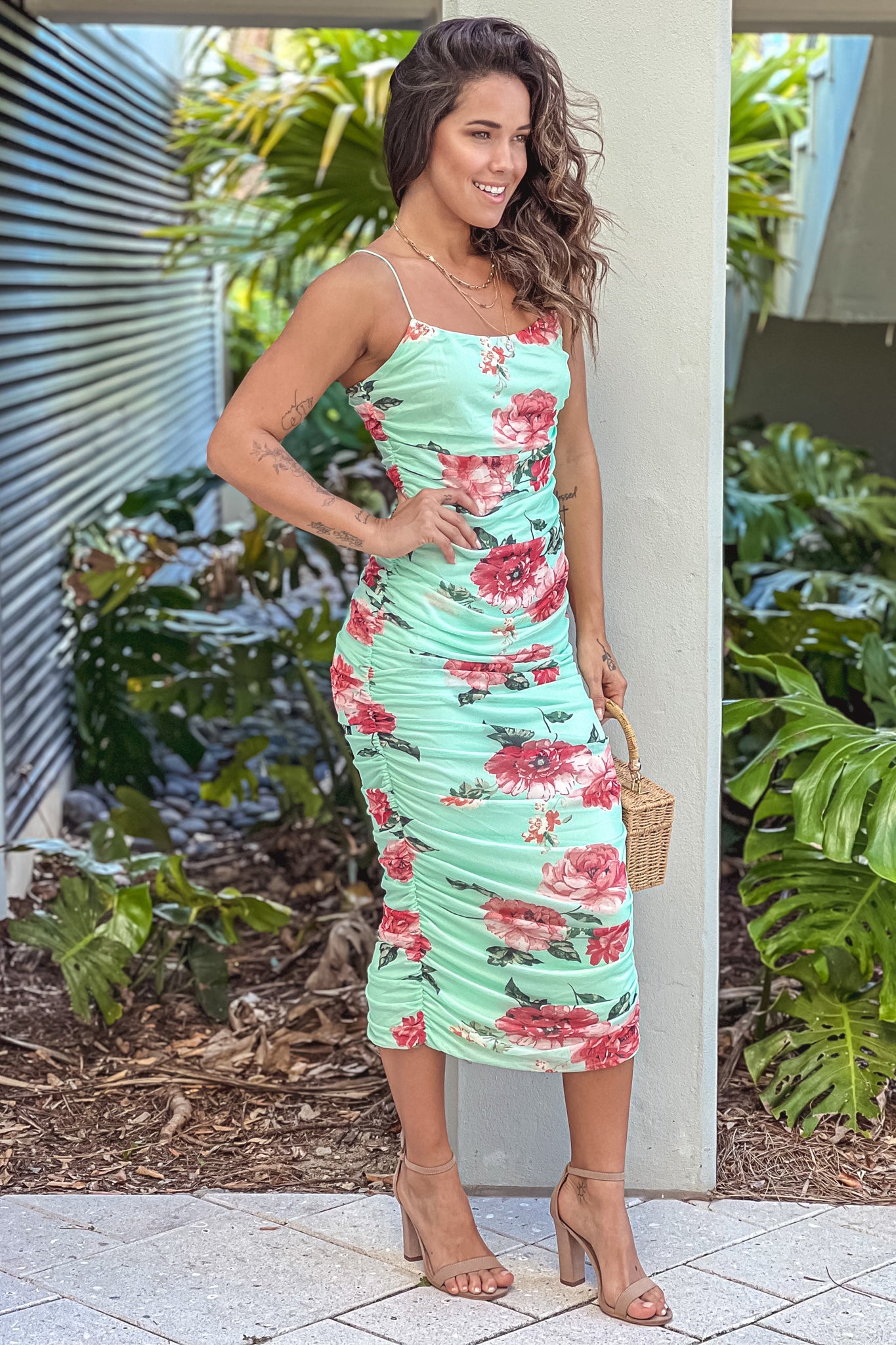 Mint Floral Ruched Midi Dress | Midi Dresses Saved by the Dress Mint Floral Ruched Midi Dress | Midi Dresses Saved by the Dress