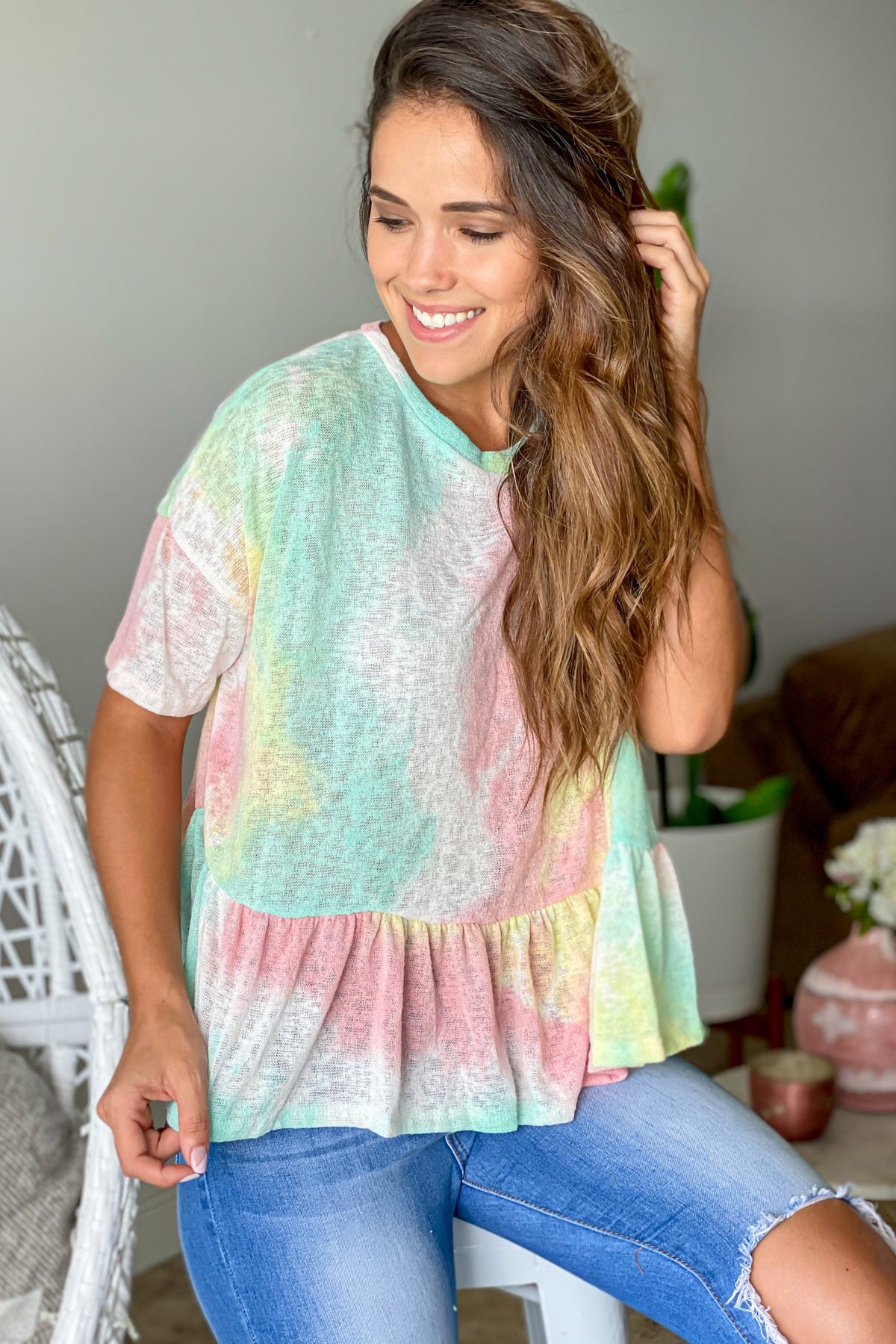 Mint Tie Dye Top With Ruffle Trim | Cute Tops – Saved by the Dress