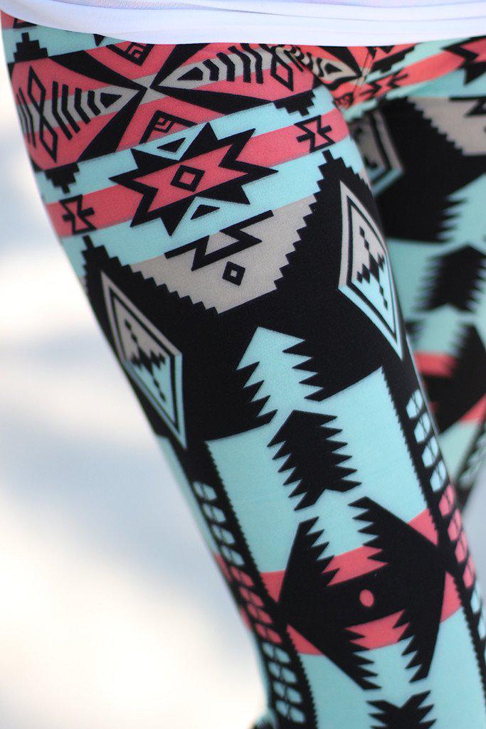 Mint And Coral Aztec Leggings