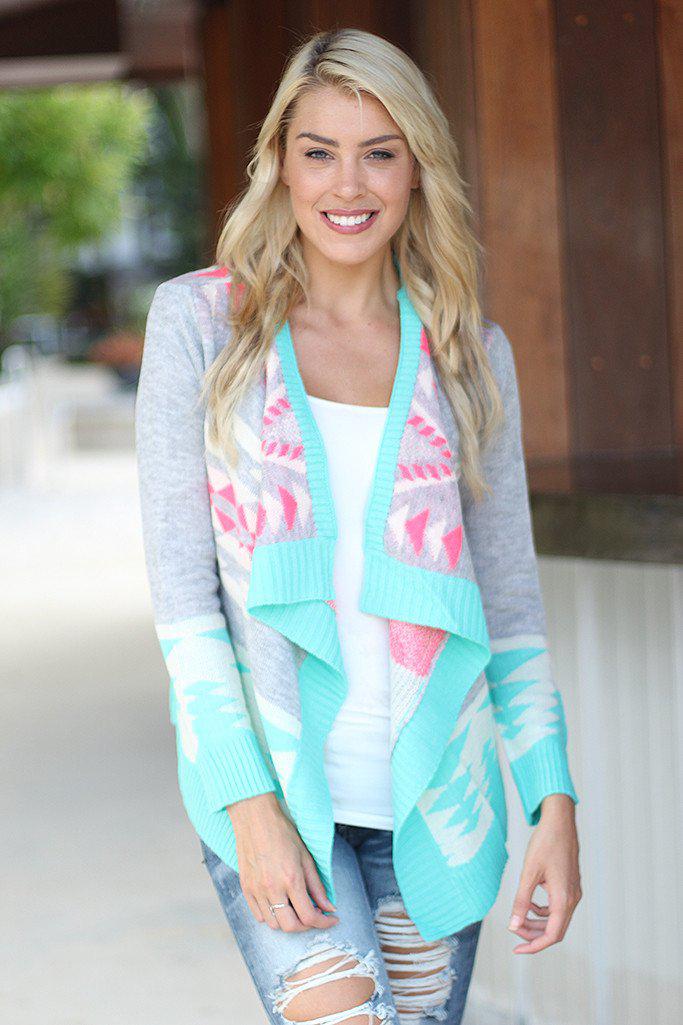 Gray and Mint Open Cardigan