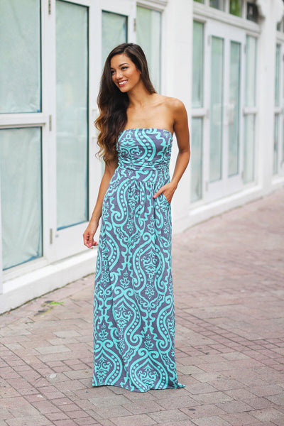 Mint and Gray Printed Maxi Dress with Pockets