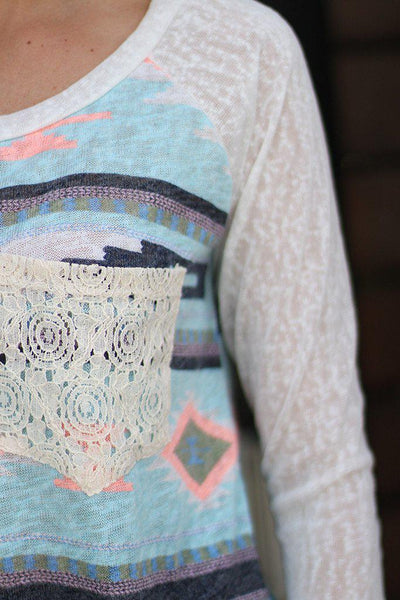Mint And Neon Peach Top with Crochet Pocket