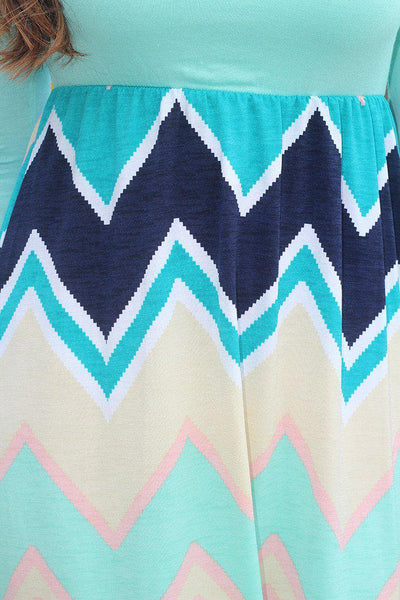 Mint Chevron Bottom Short Dress with 3/4 Sleeves