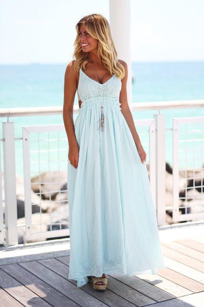 Mint Lace Maxi Dress with Open Back and Frayed Hem