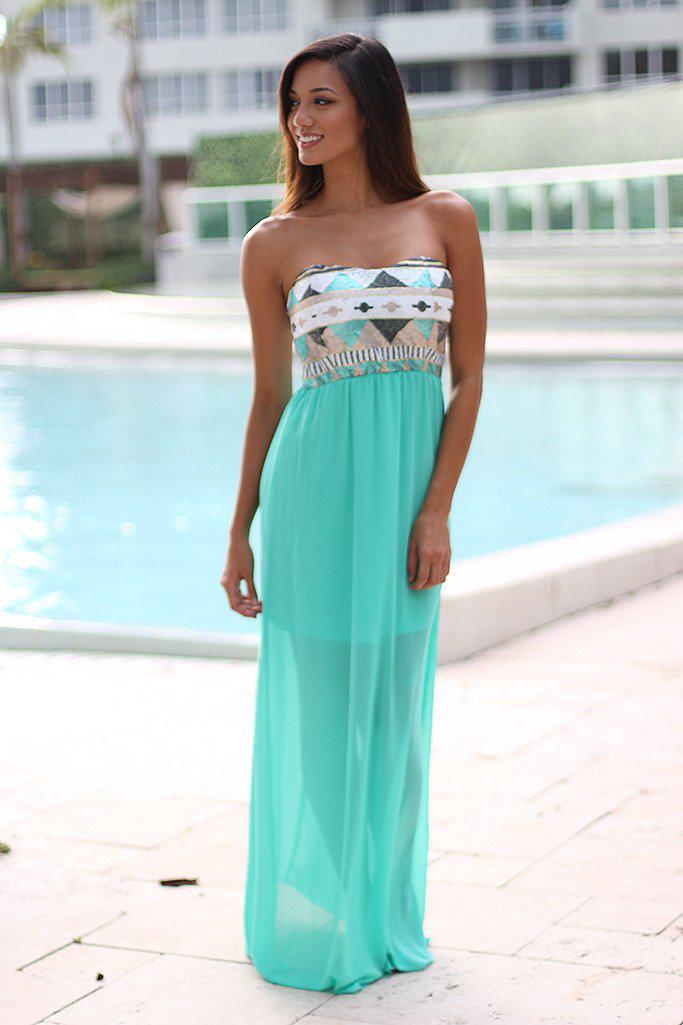 Mint Maxi Dress With Sequin Top