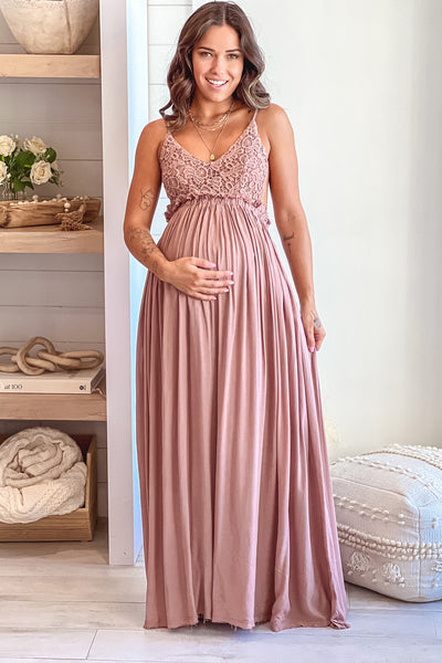 mocha crochet top maternity maxi dress with frayed hem