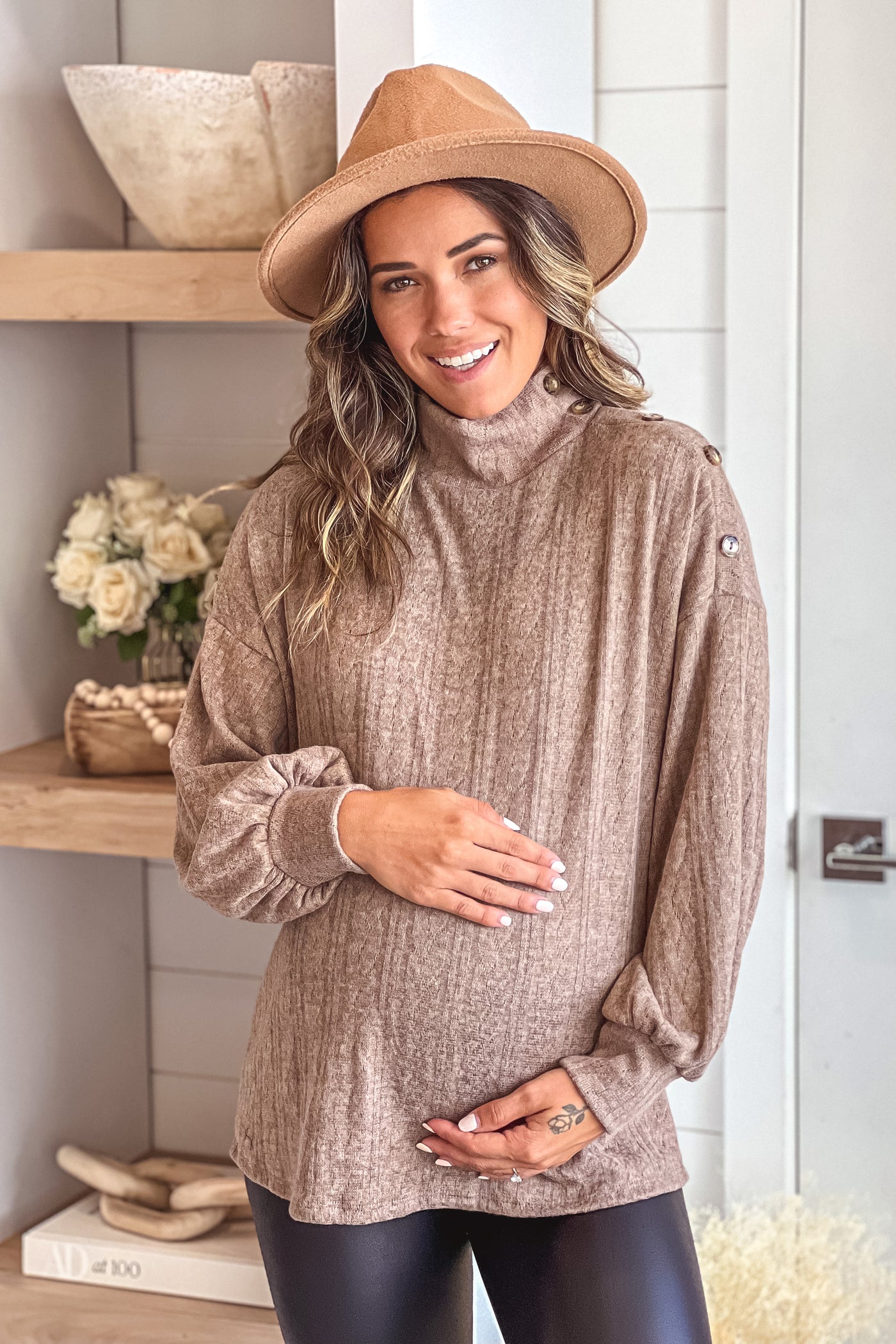 mocha high neck maternity top with button detail