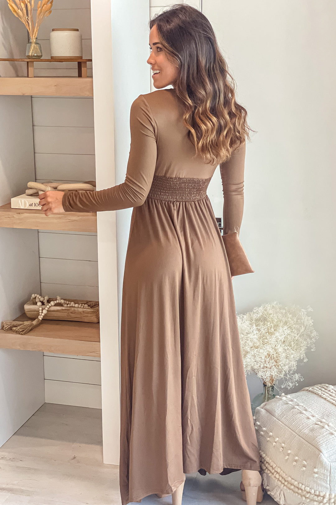mocha long sleeve dress Mocha V-Neck Maxi Dress With Long Sleeve And Slit