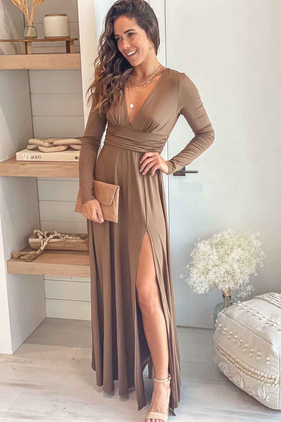 Mocha V-Neck Maxi Dress With Long Sleeve And Slit | Maxi Dresses