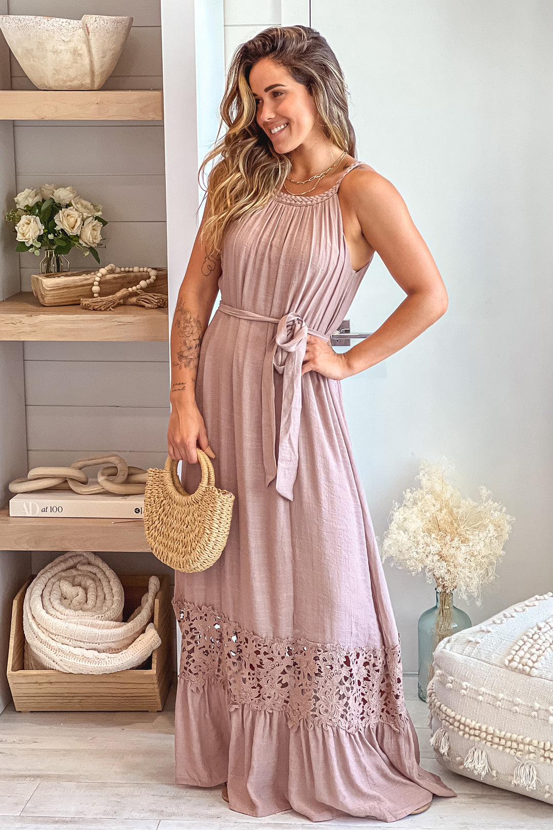 Mocha Sleeveless Maxi Dress With Crochet Trim | Maxi Dresses