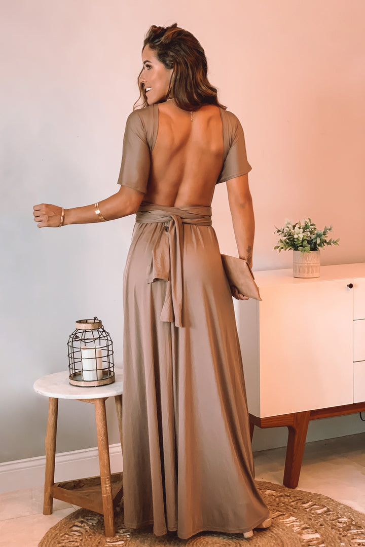 stop motion maxi dress mocha Multi Tie With Slit plp-5524 Size:US 38 Regular / EU 48 Regular The cut out at AFTER FIVE PROM &
