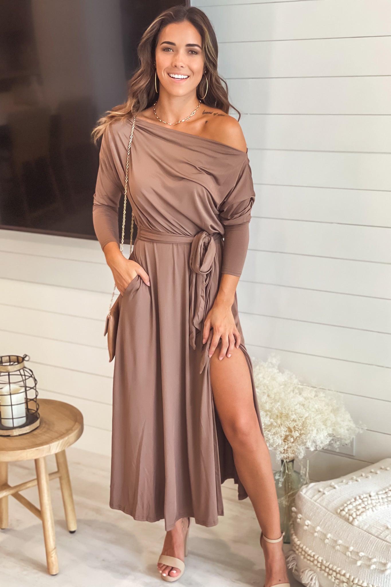 mocha one shoulder midi dress with belt