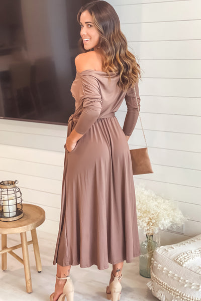 mocha one shoulder midi dress