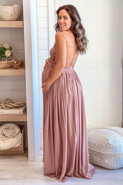 mocha open back maternity maxi dress