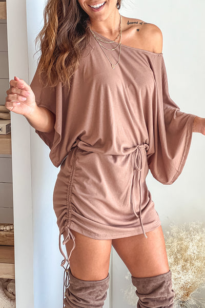 mocha short dress with pull strings and dolman sleeves