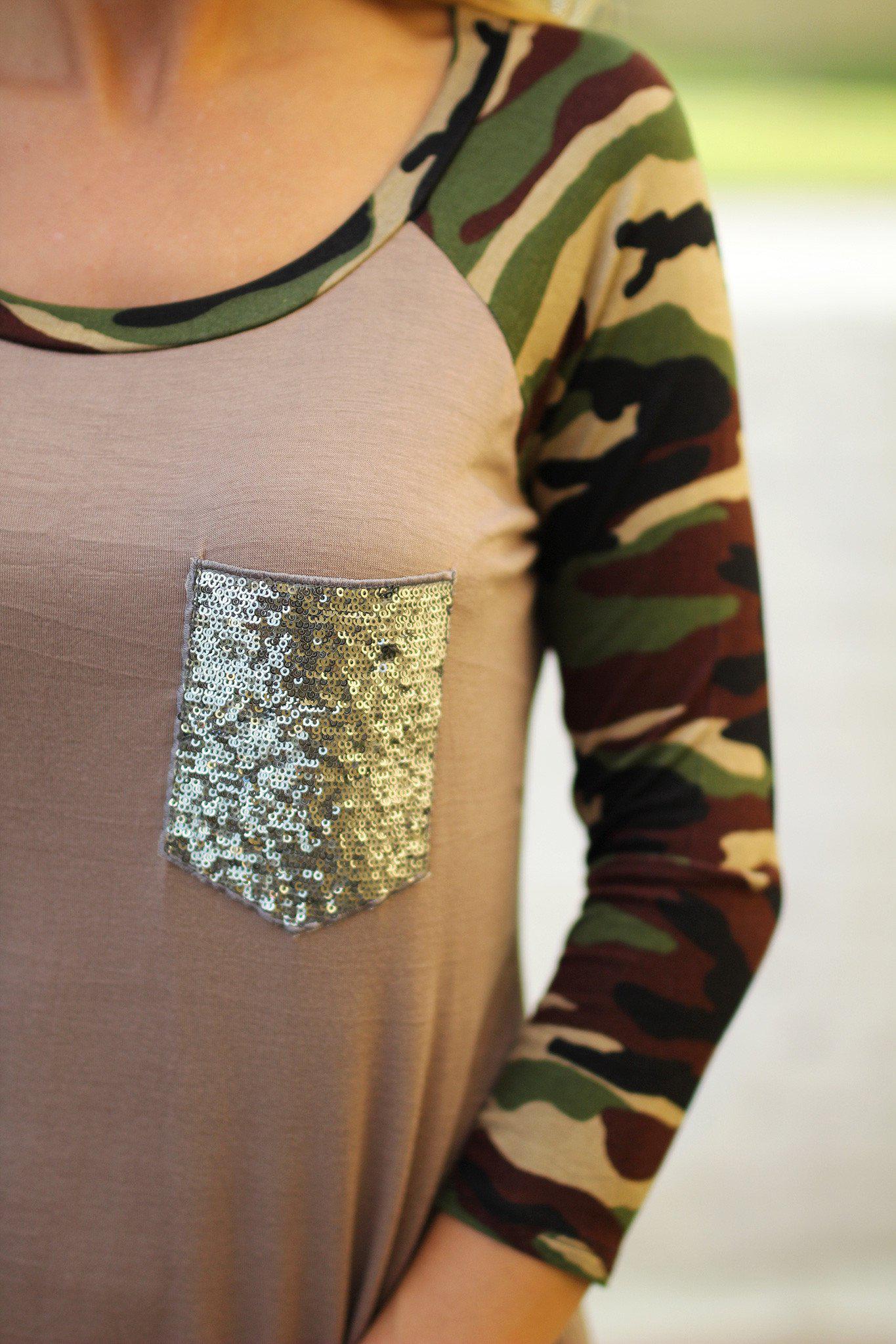 Mocha Camo Top with Sequined Pocket