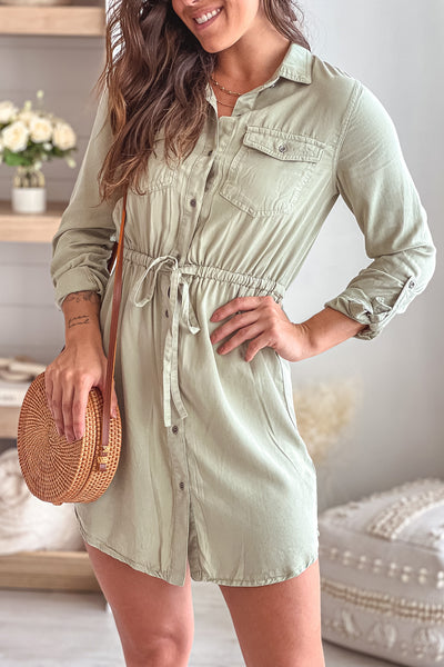 moss button down short dress with tie front