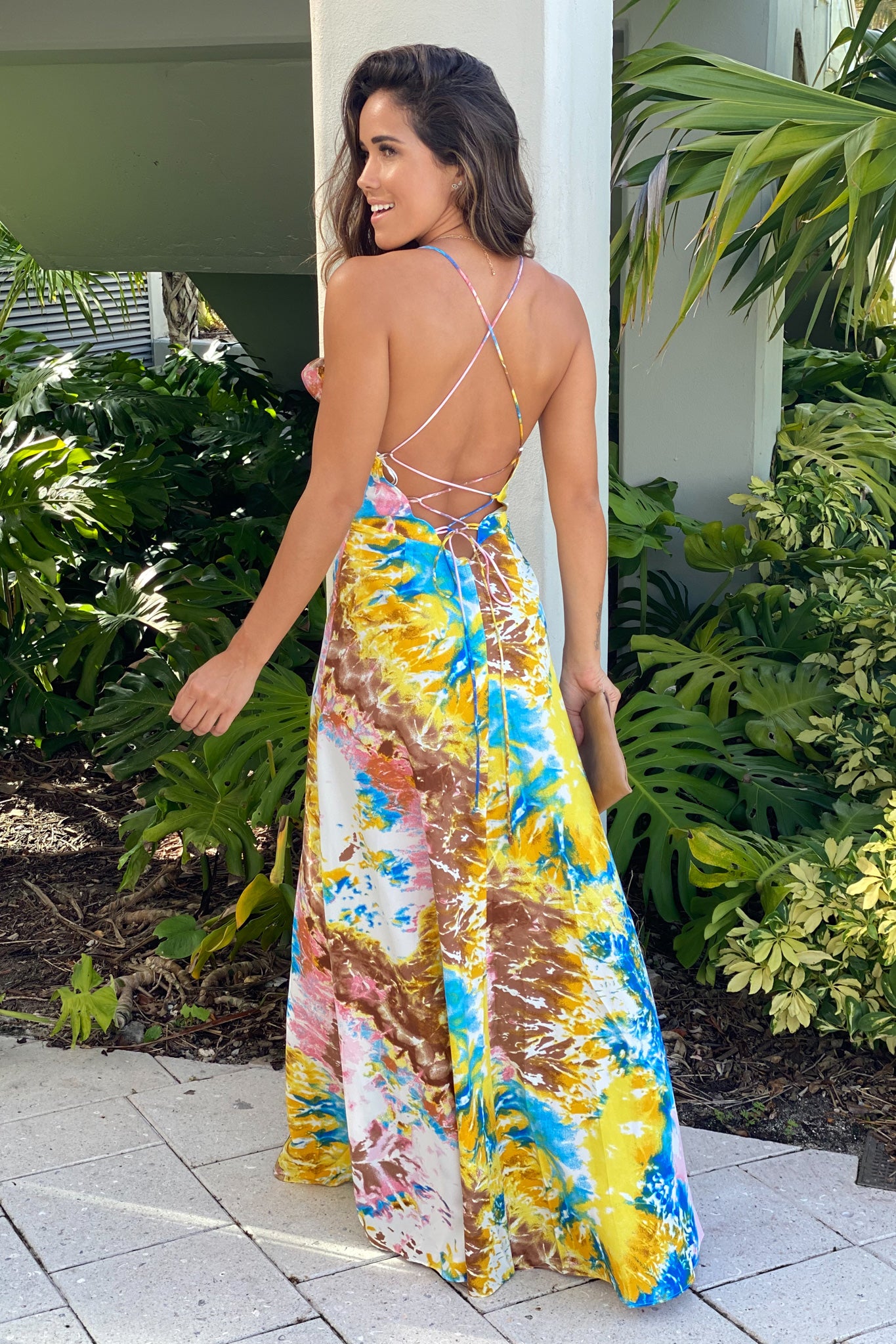 multi color maxi dress with criss cross back