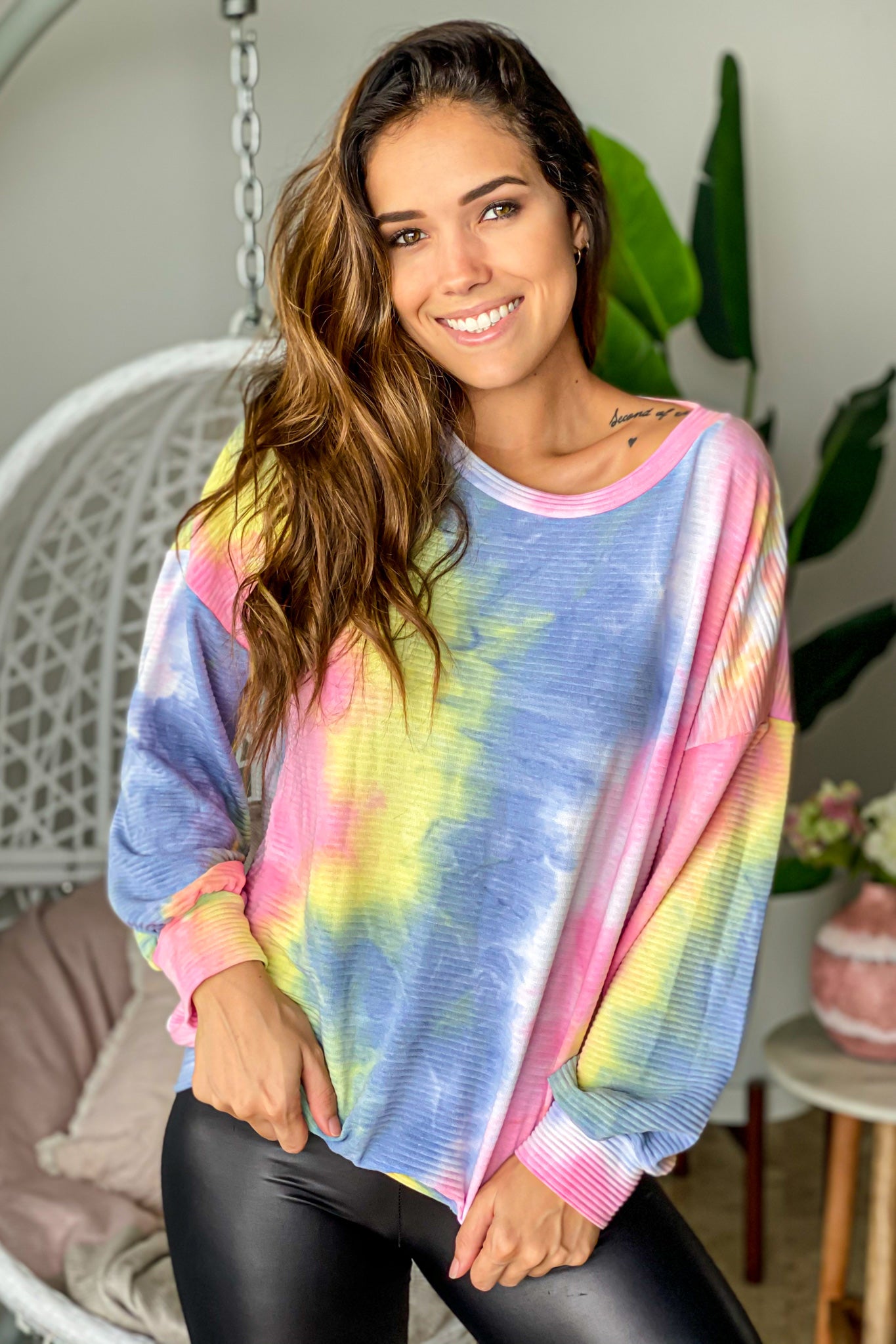 multi colored ribbed tie dye top