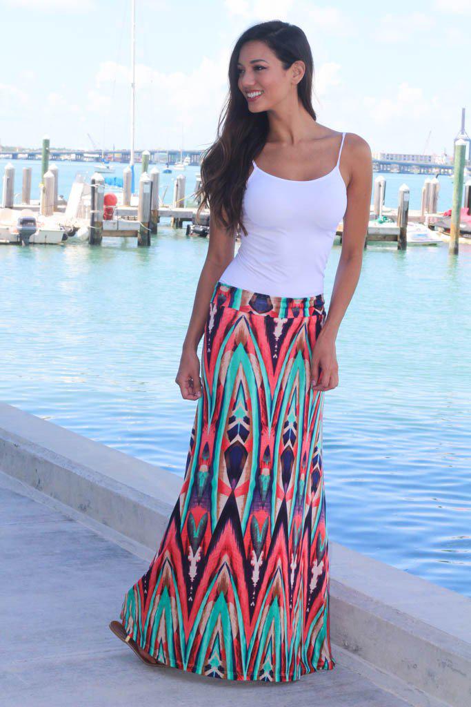 Coral and Mint Printed Maxi Skirt | Multi Color Skirt | Printed Skirt ...
