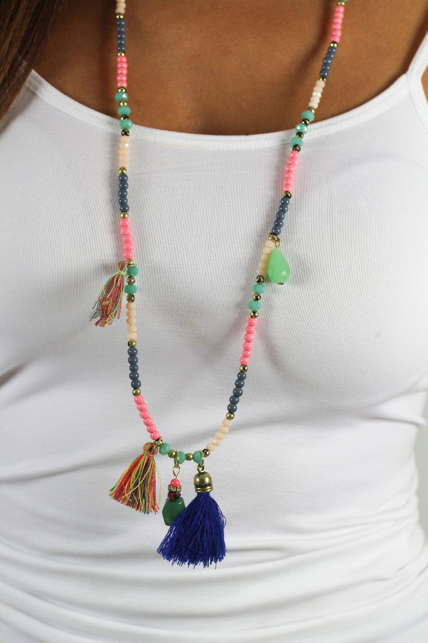 Multi Color Stone and Tassel Necklace