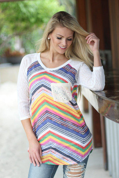 Multi Color Top with Crochet Pocket
