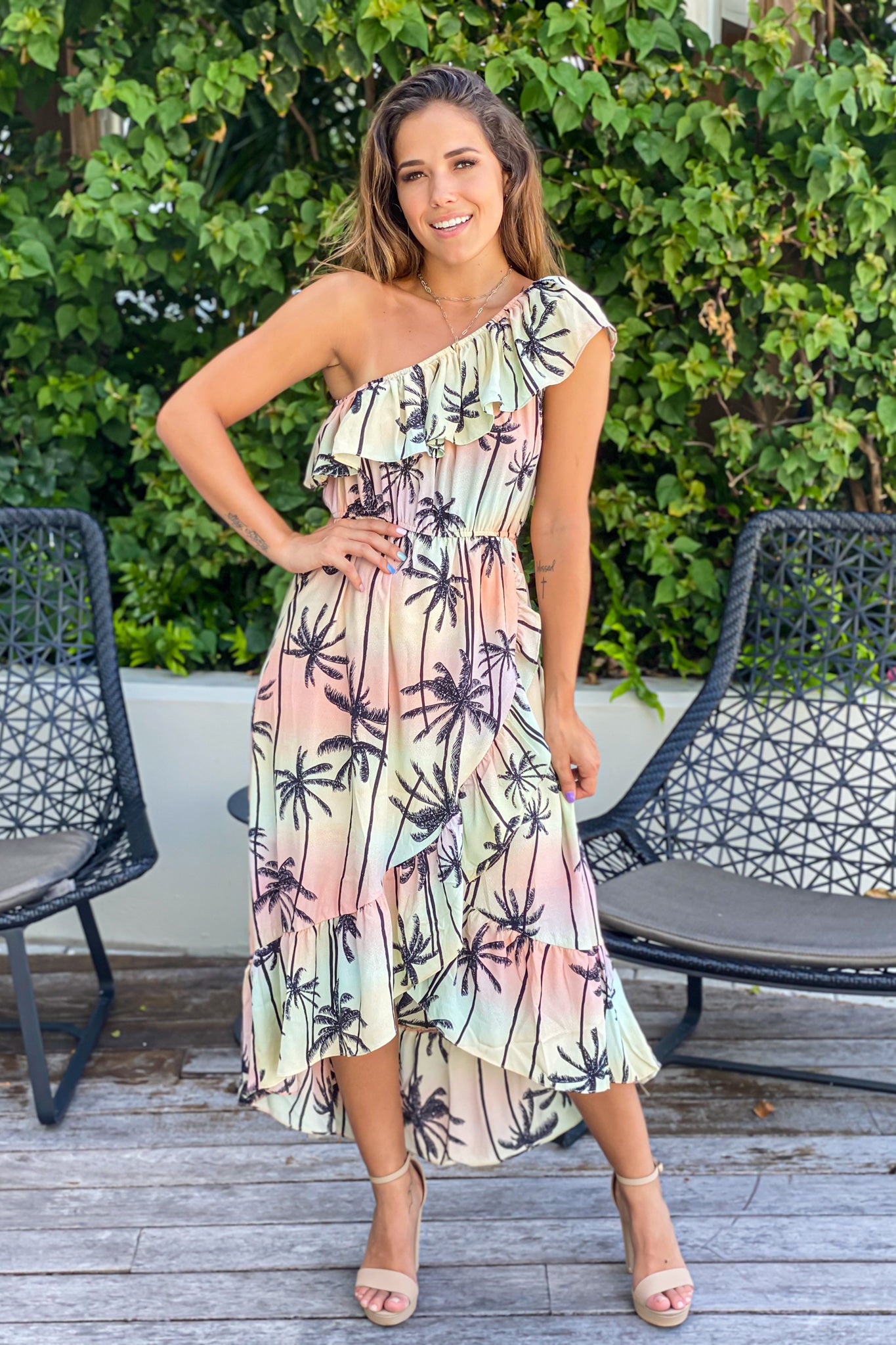 multicolored high low dress with palm print