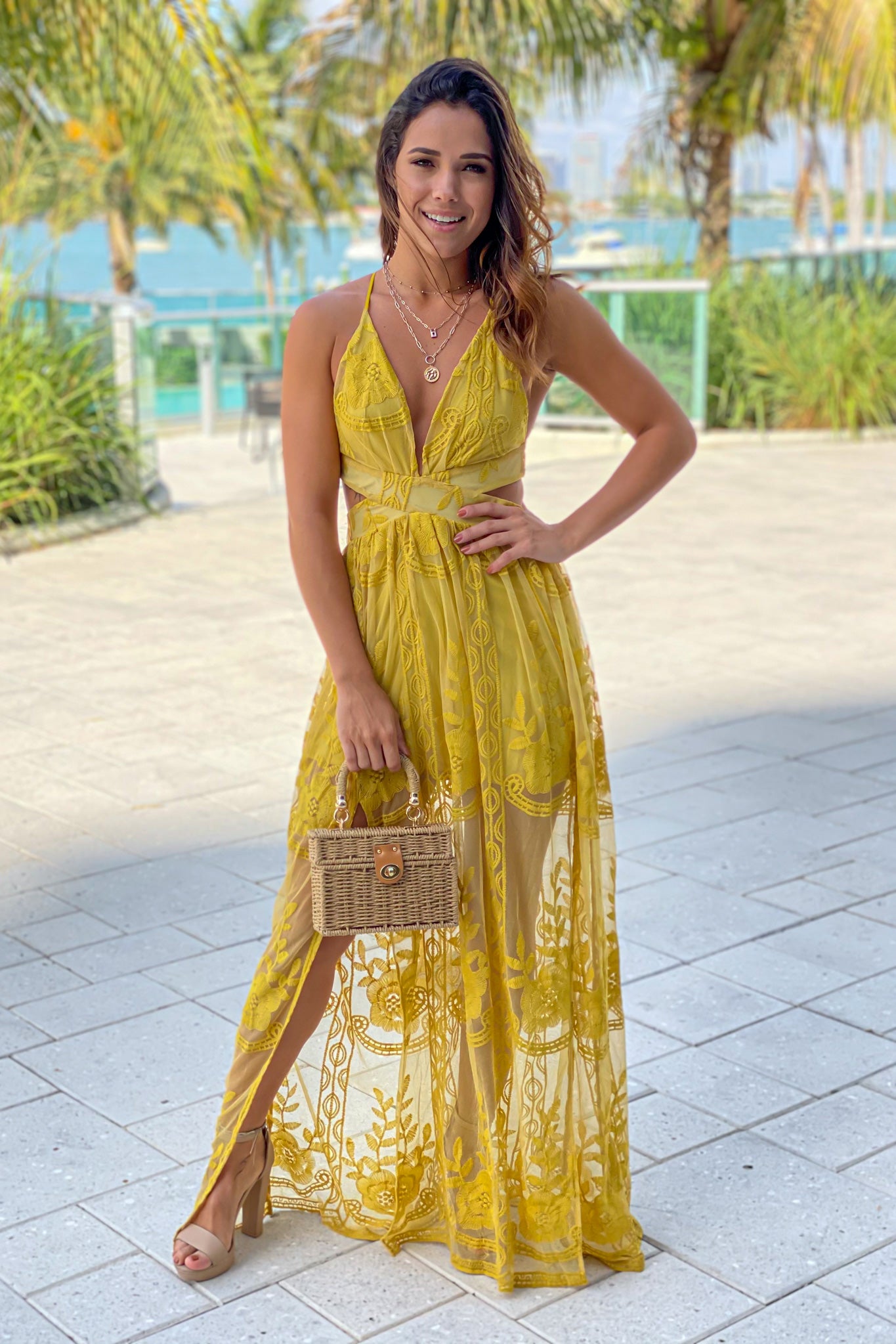 mustard lace maxi dress with cut out