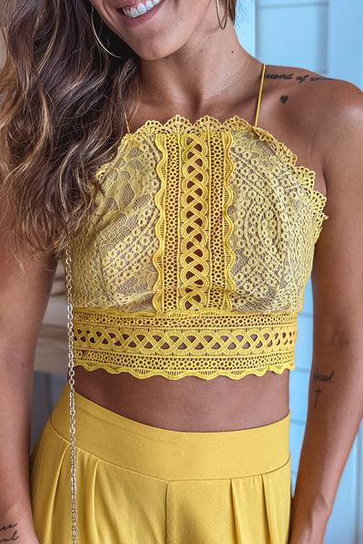 mustard lace top and pants set