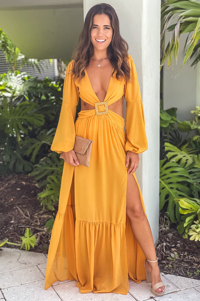 mustard maxi dress with cut out and long sleeves