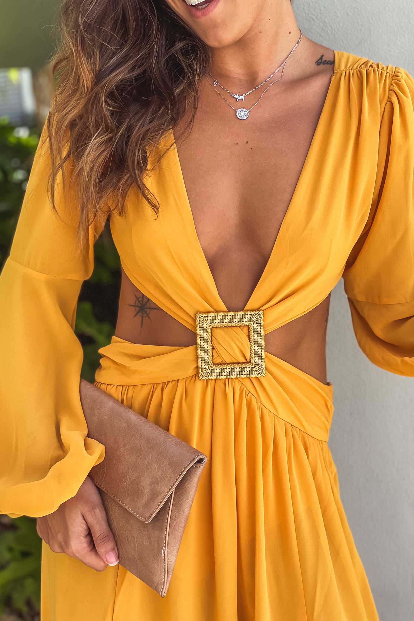 mustard maxi dress with cut out