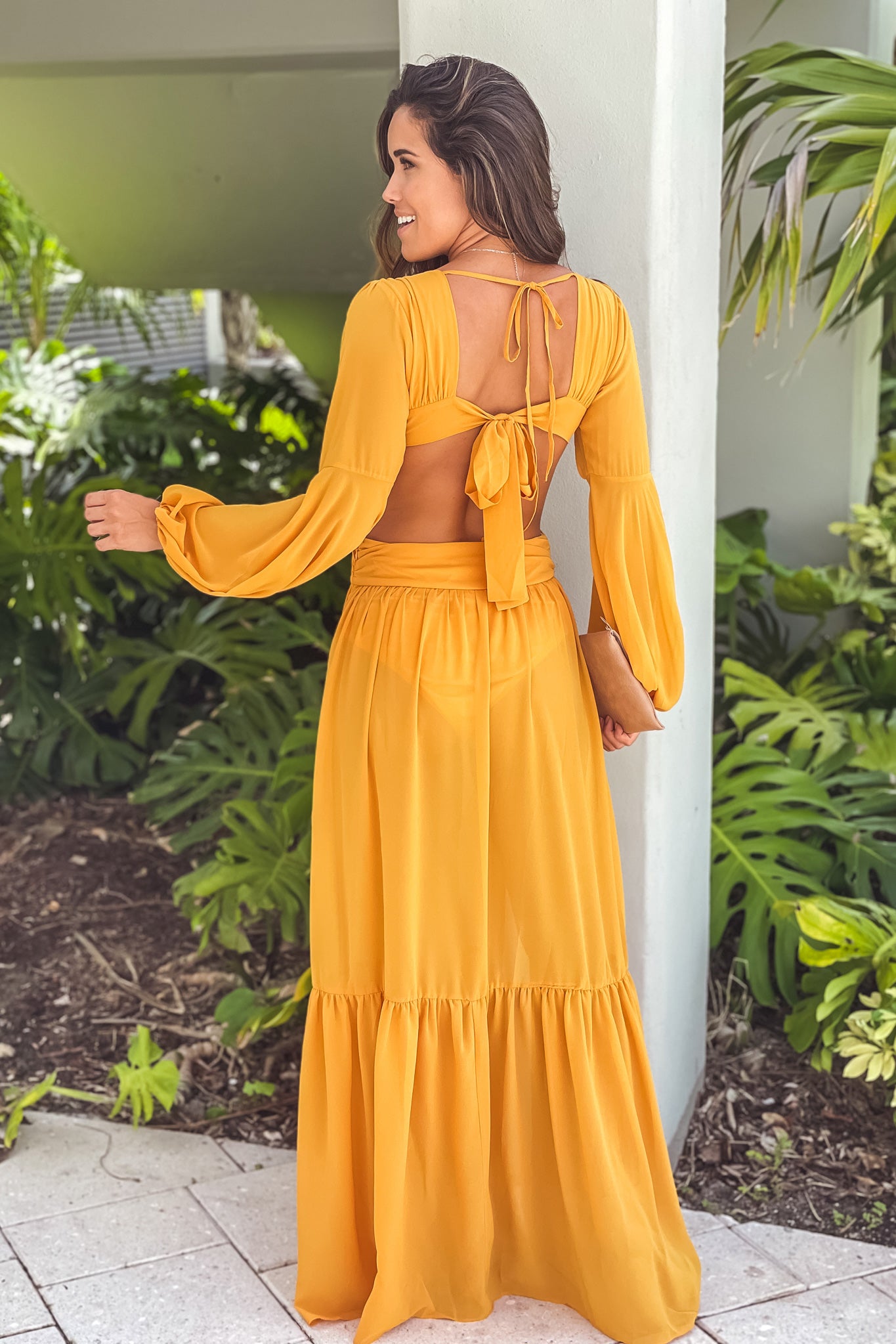 mustard maxi dress with self tie back