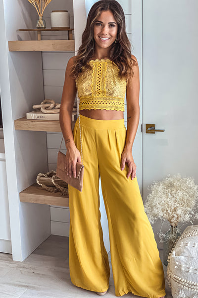 mustard pants and lace top set