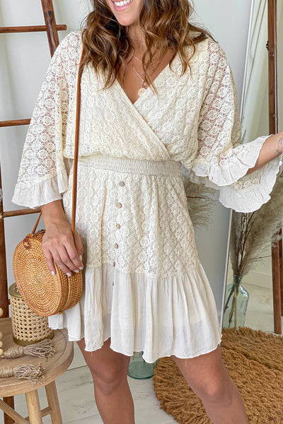 natural lace short dress with sleeves