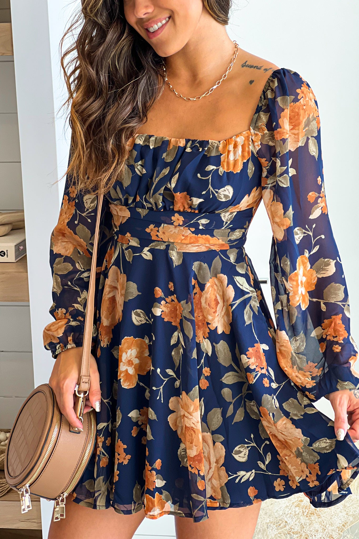navy and cream floral short dress with tie back