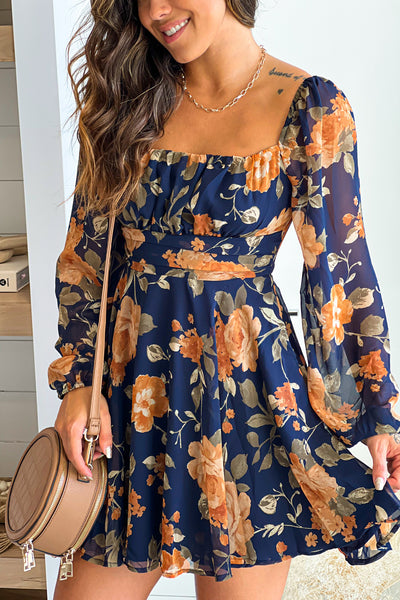 navy and cream floral short dress with tie back