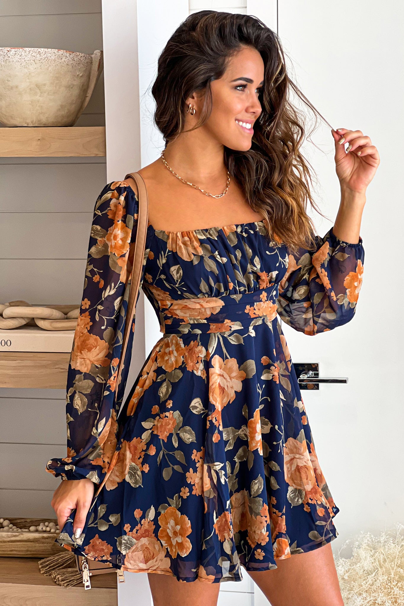 navy and cream floral short dress