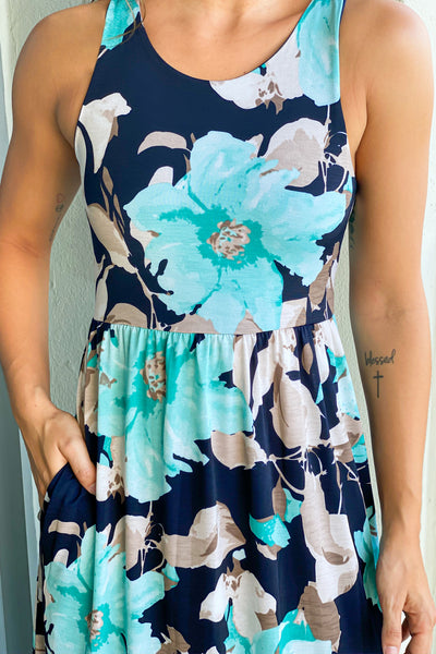 navy and mint floral print long dress