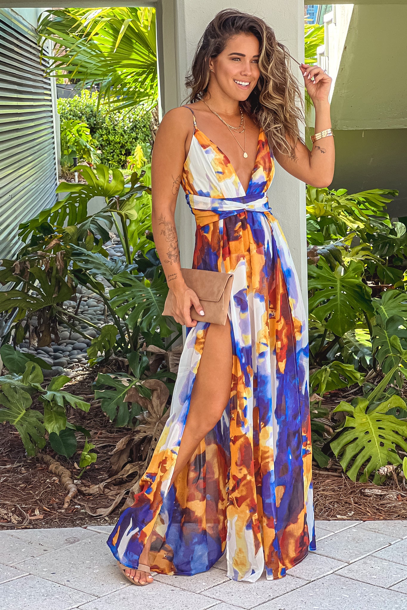 Navy And Orange Printed Maxi Dress With Slits | Maxi Dresses – Saved by ...