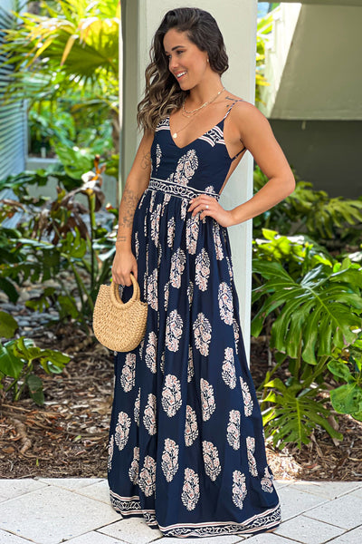 navy and taupe printed maxi dress with open back