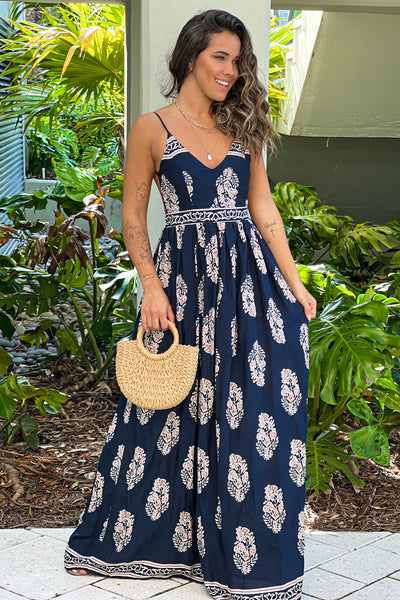 navy and taupe printed maxi dress