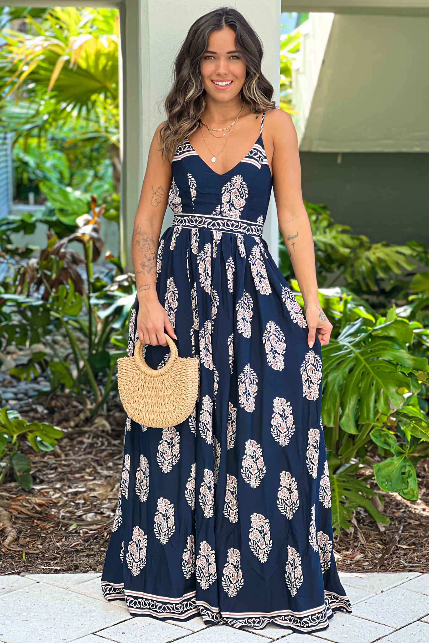 navy and taupe summer maxi dress
