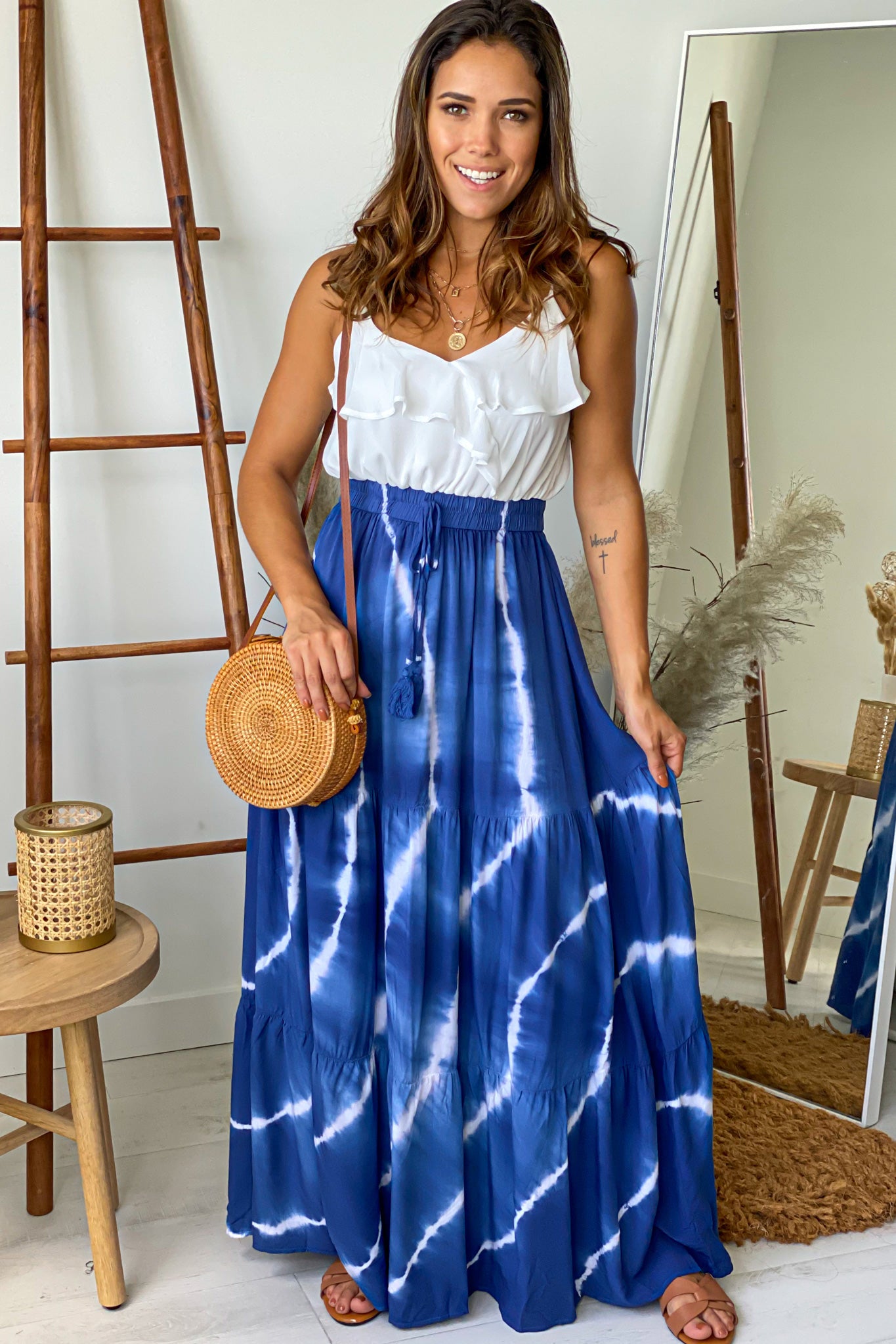 navy and white tie dye maxi dress