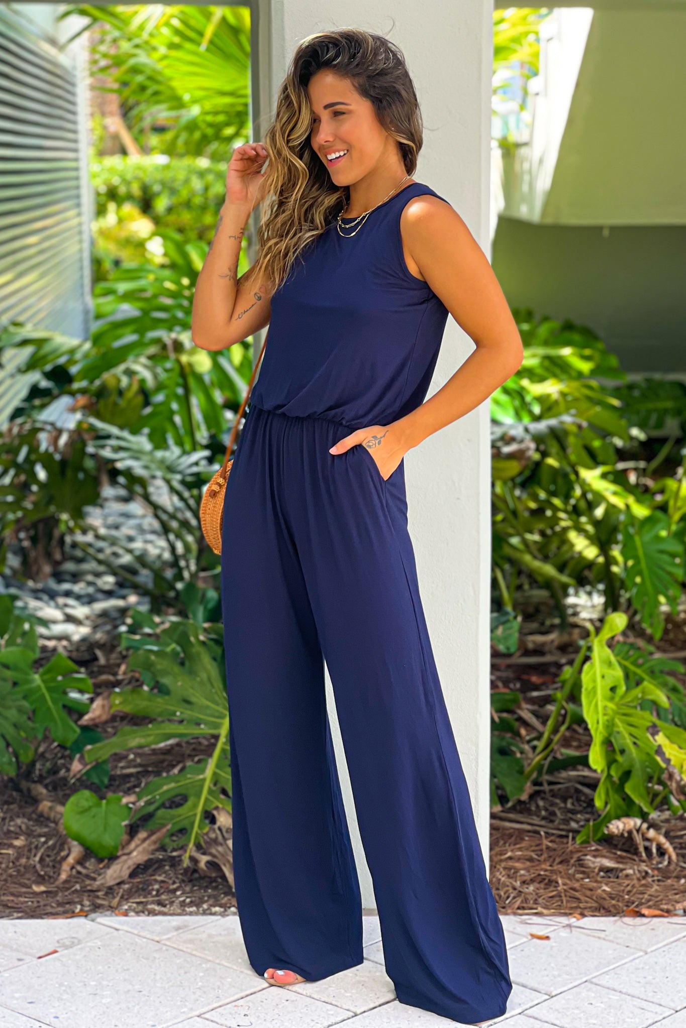 Navy Sleeveless Jumpsuit with Pockets | Jumpsuits – Saved by the Dress